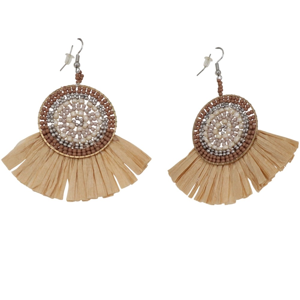 Boho Beaded Raffia Fan Drop Earrings Tan Brown Cream Medallion Statement